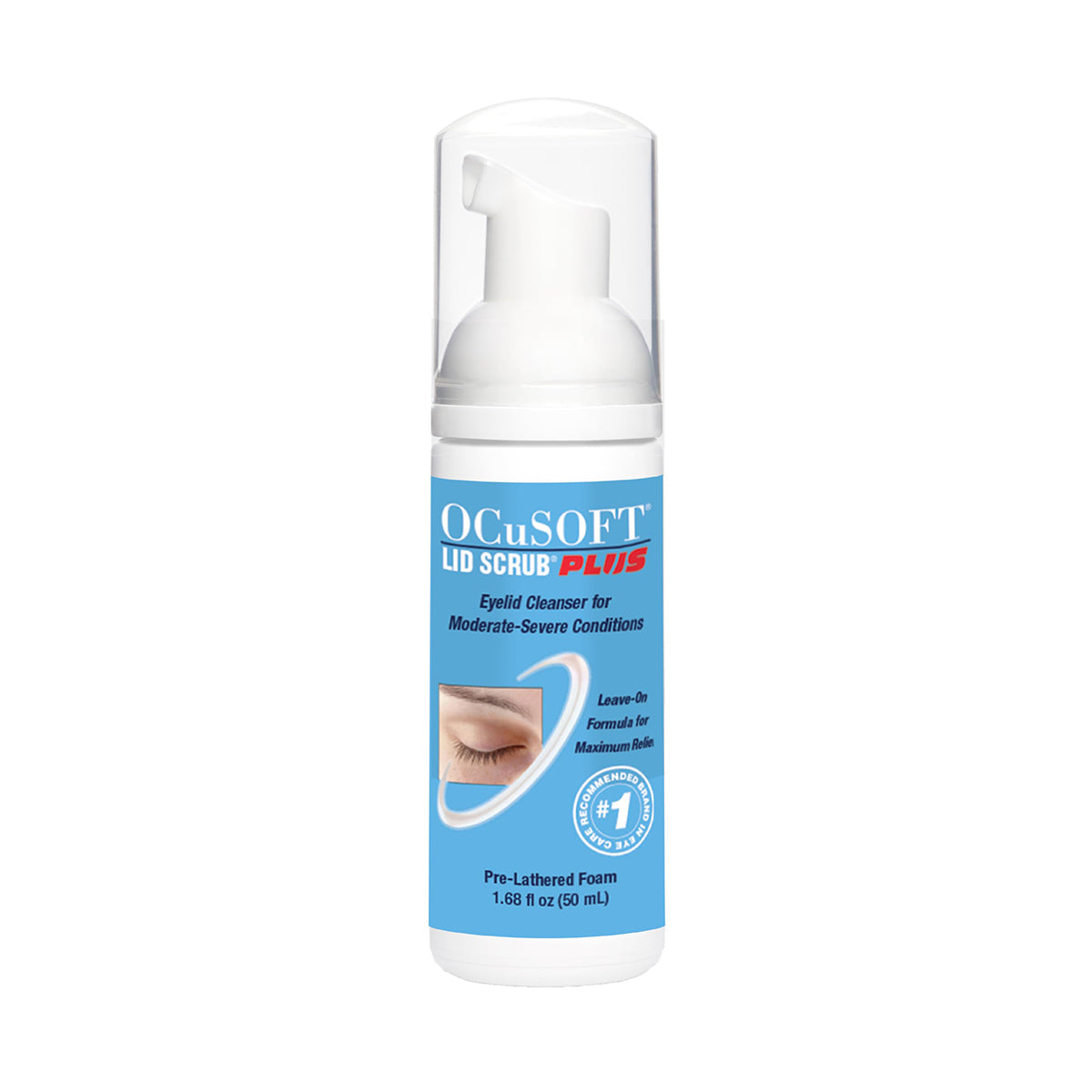 A 50mL bottle of OCuSOFT Lid Scrub PLUS Foaming Eyelid Cleanser, featuring extra strength for blepharitis relief, is shown upright. The label indicates suitability for moderate to severe conditions and a pump dispenser. The white bottle has blue accents with a small eye image.