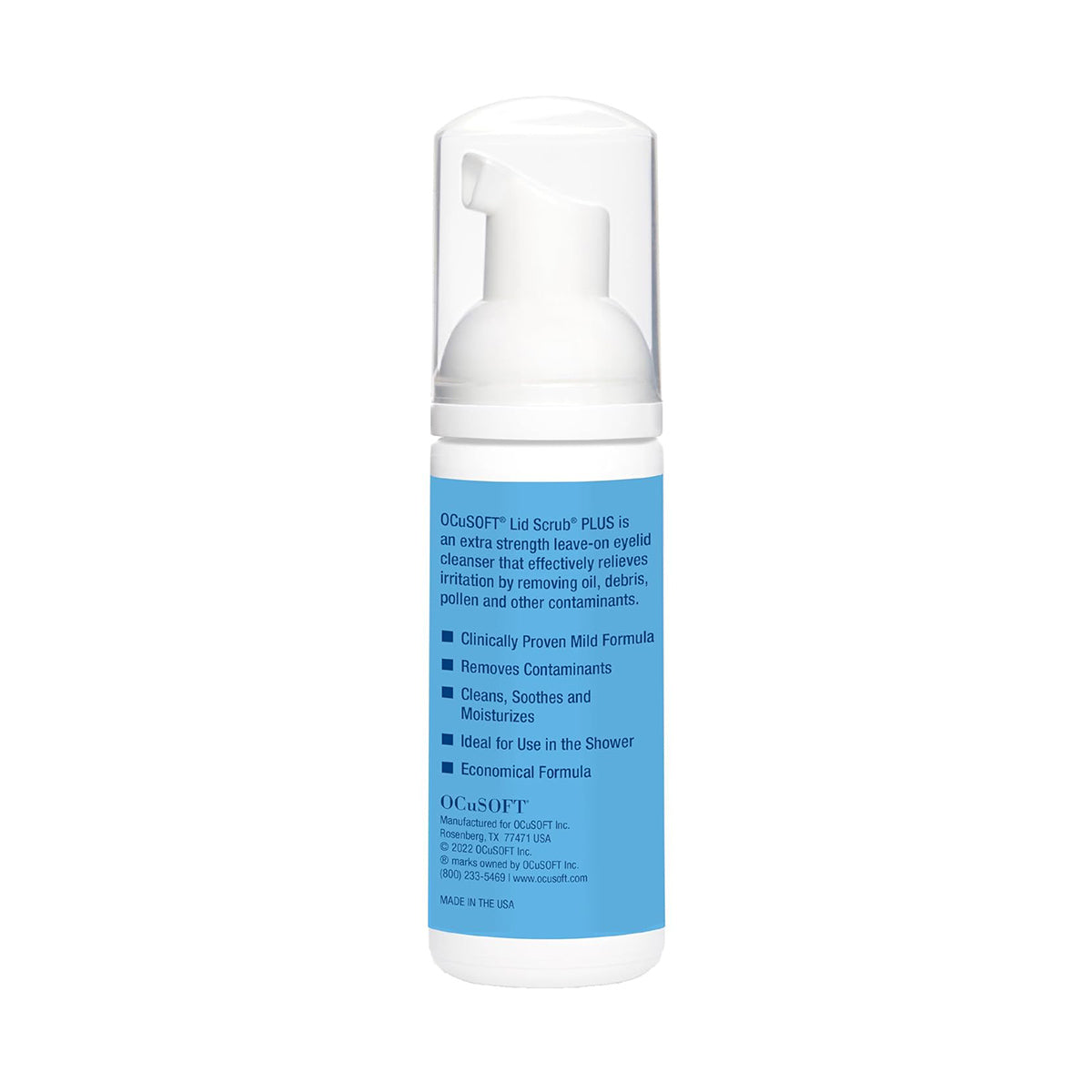 OCuSOFT Lid Scrub PLUS Foaming Eyelid Cleanser (50mL) features a white pump and blue label, offering an extra strength formula ideal for shower use. The label highlights its gentle formula and effectiveness in blepharitis relief, proudly made by OCuSOFT in the USA.