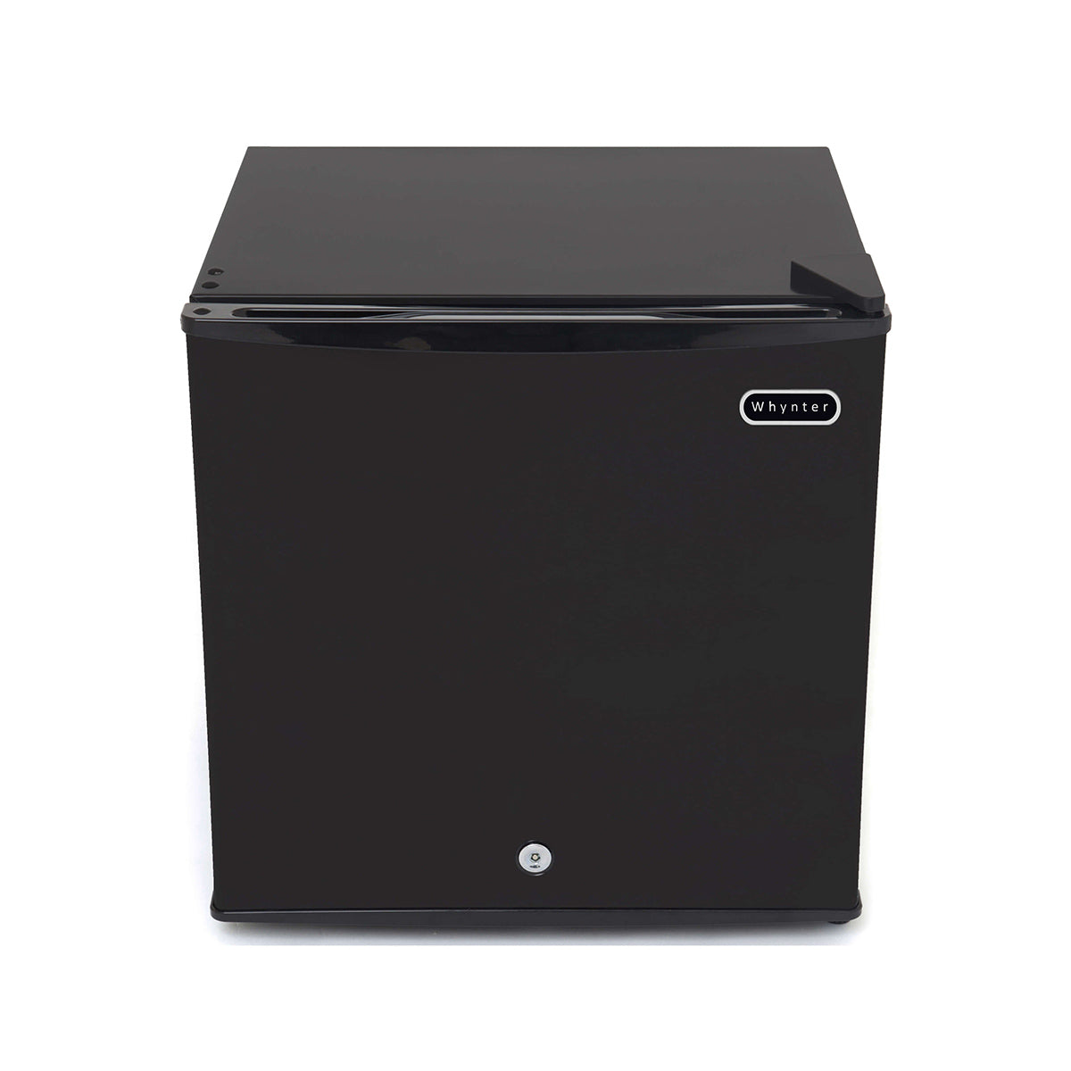 The BioTissue Whynter Black Stainless Steel Upright Freezer with Lock (1.1 cu. ft.), featuring a sleek front design with a small logo in the top right and silver handle at the bottom center, is an ENERGY STAR rated appliance offering style and efficiency in its compact cubic form.