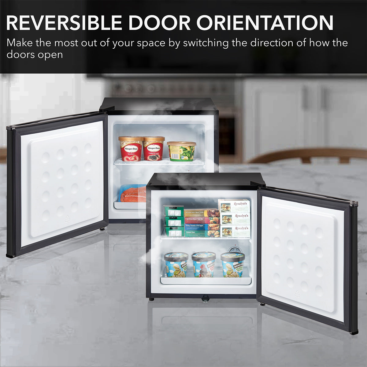 Two Whynter Black Stainless Steel Upright Freezers by BioTissue sit on a kitchen counter with open doors displaying ice cream containers. Reversible Door Orientation: Optimize your space by switching door directions reads the text. These ENERGY STAR rated freezers ensure efficiency and adjustable access convenience.