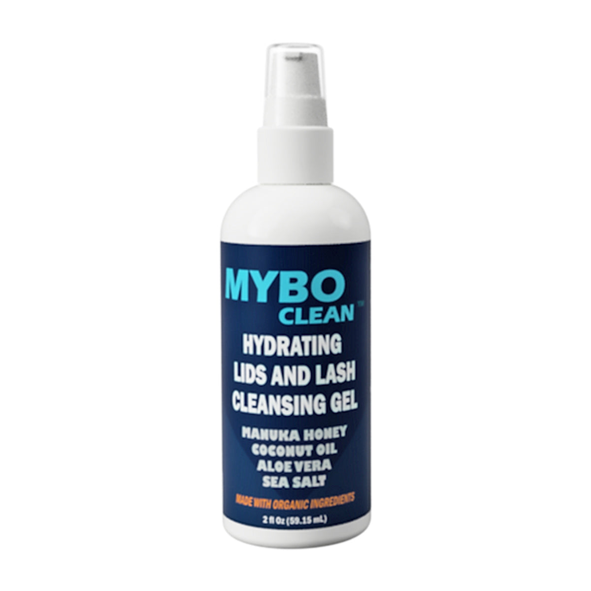 MyboClean Hydrating Lids and Lash Cleansing Gel (2 fl oz) ensures eye comfort with soothing ingredients like Manuka honey, coconut oil, aloe vera, and sea salt. Perfect for eyelid hygiene, this organic formula comes in a bottle featuring a blue label highlighting its key components.