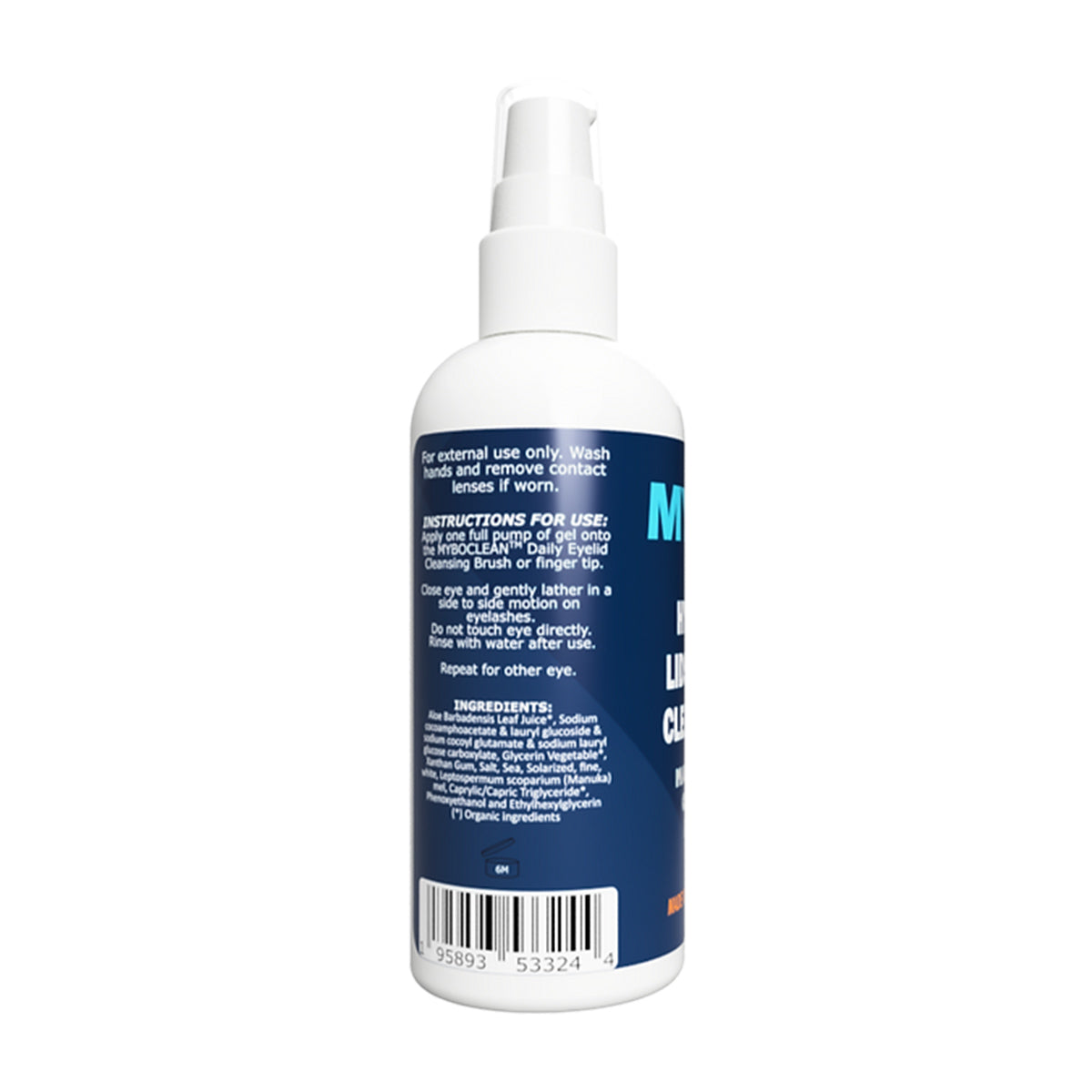 The MyboClean Hydrating Lids and Lash Cleansing Gel features a white spray bottle with a blue label detailing eyelid hygiene instructions and ingredients. Designed for external use, it cautions against eye contact. A white cap and pump dispenser facilitate easy application for eye comfort.