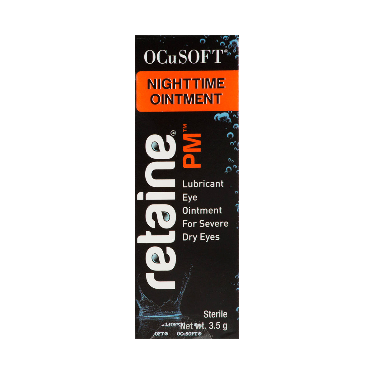 The 5g Ocusoft Retaine PM Nighttime Ointment packaging by OCuSOFT features a black background with orange and white text. This preservative-free product provides nighttime relief for severe dry eyes.