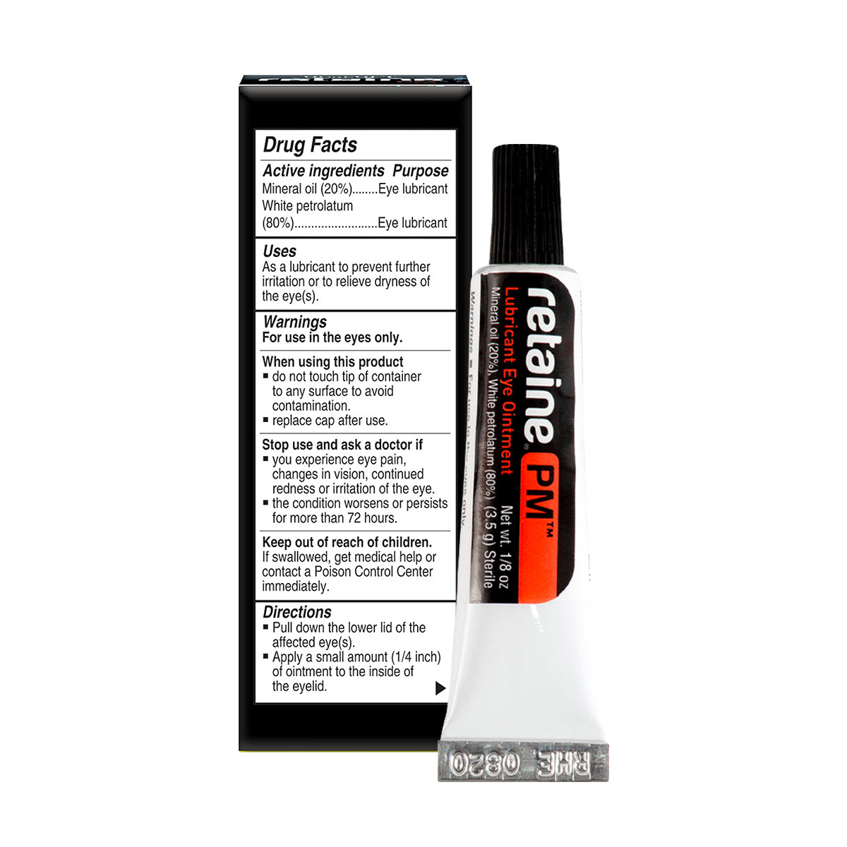 The Ocusoft Retaine PM Nighttime Ointment Economy Size 5g by OCuSOFT for dry eye relief is displayed in a white tube with a red and black label. Its black box provides ingredients, uses, warnings, and directions. This preservative-free ointment offers soothing nighttime protection.