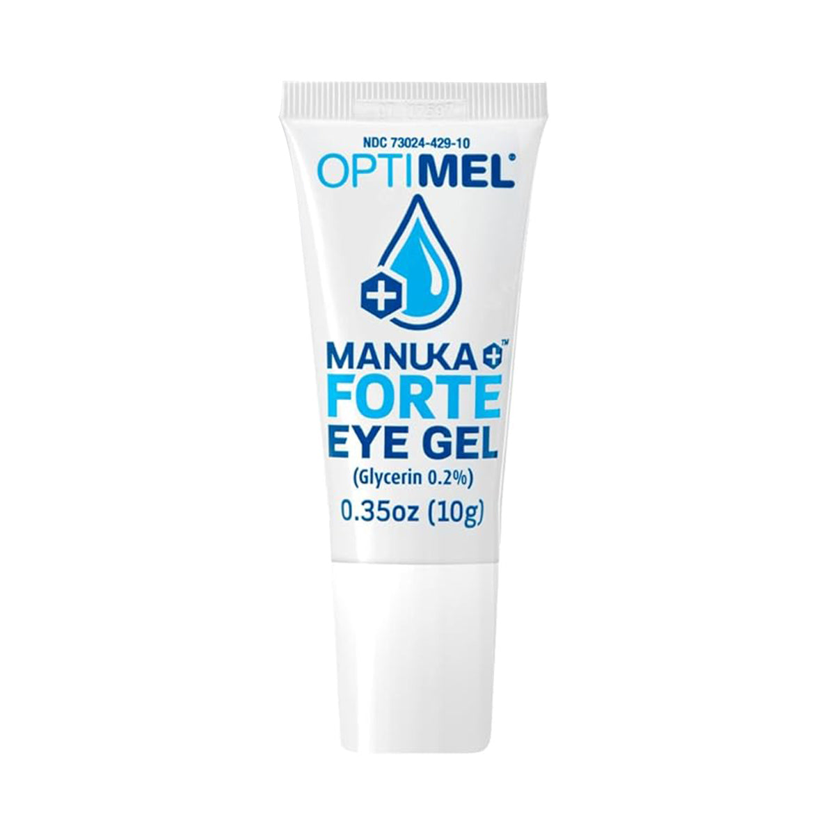 The OptiMel Manuka Forte Eye Gel Ointment by Melcare, packaged in a 0.35 oz (10g) tube, features blue and black text with a droplet and cross symbol. Its ideal for dry eye relief, specifically targeting meibomian gland dysfunction.