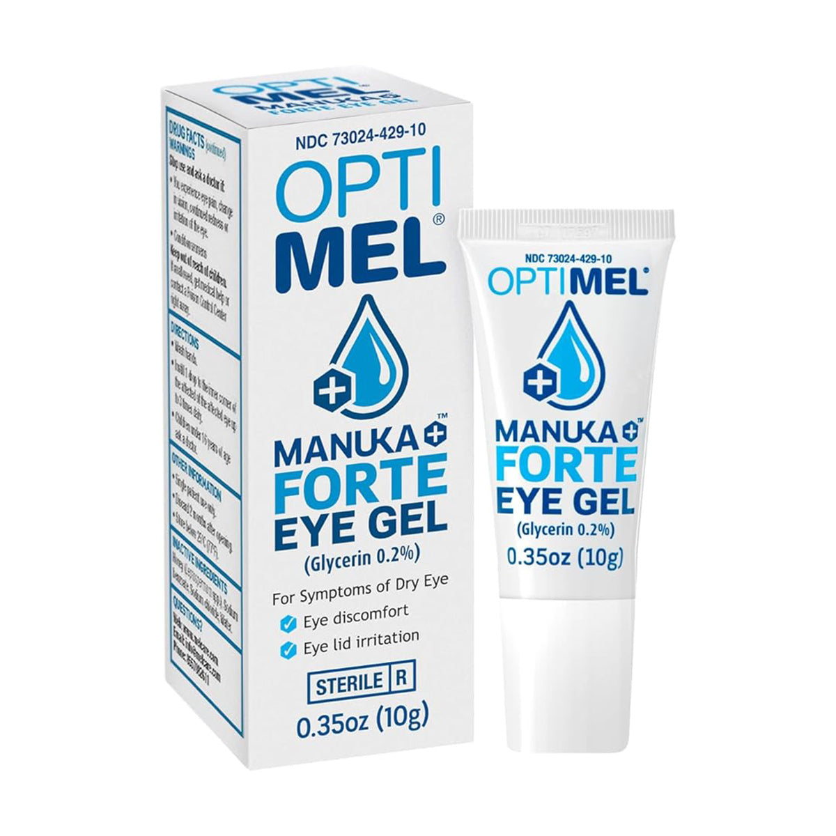 The image shows a tube and box of Melcare OptiMel Manuka Forte Eye Gel Ointment (0.35 oz/10g). The packaging features a teardrop logo and highlights 0.2% glycerin and Manuka honey for temporary relief of eye irritation and dry eyes, often linked to meibomian gland dysfunction.