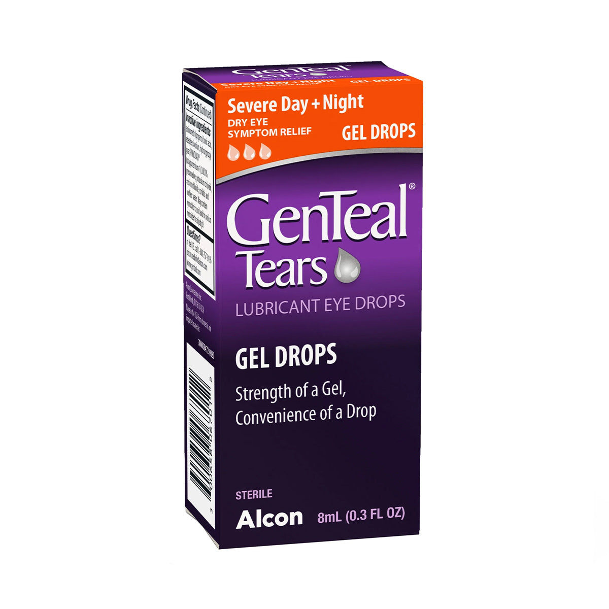 Alcons GenTeal Tears Lubricant Gel Eye Drops offer severe dry eye relief with 8mL (0.3 fl oz) for day and night use, packaged in a striking purple and orange box.