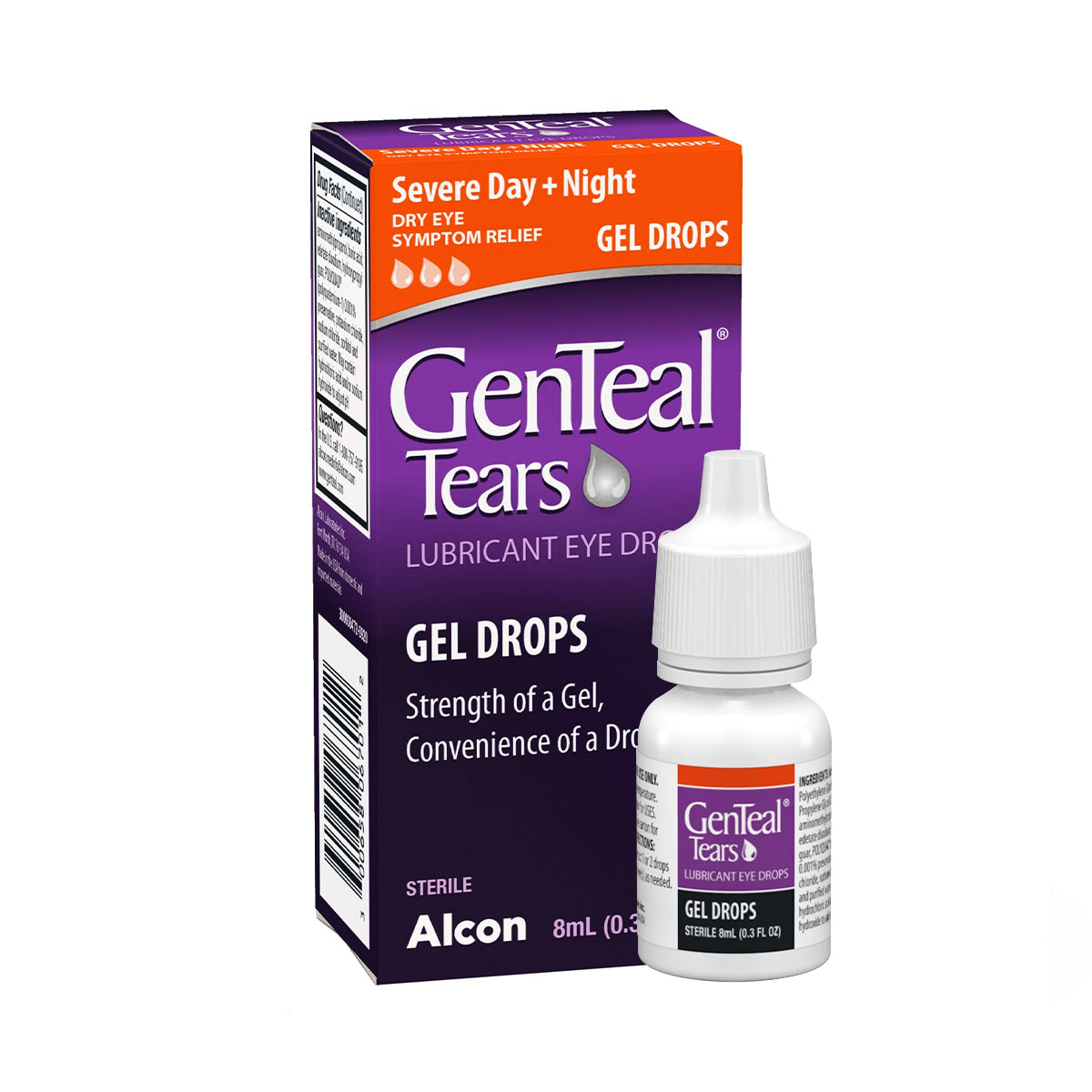 The Alcon GenTeal Tears Lubricant Gel Eye Drops (8mL) provide severe dry eye relief day and night. The purple box with orange and white text highlights its Severe Day + Night features, while the white bottle has a comforting purple label for around-the-clock use.