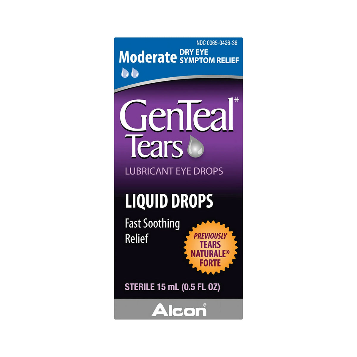 The image shows a 15ml box of GenTeal Liquid Drops by Alcon, offering Moderate Dry Eye Symptom Relief, Liquid Drops, and Fast Soothing Relief with the comfort of GenTeal Gel.