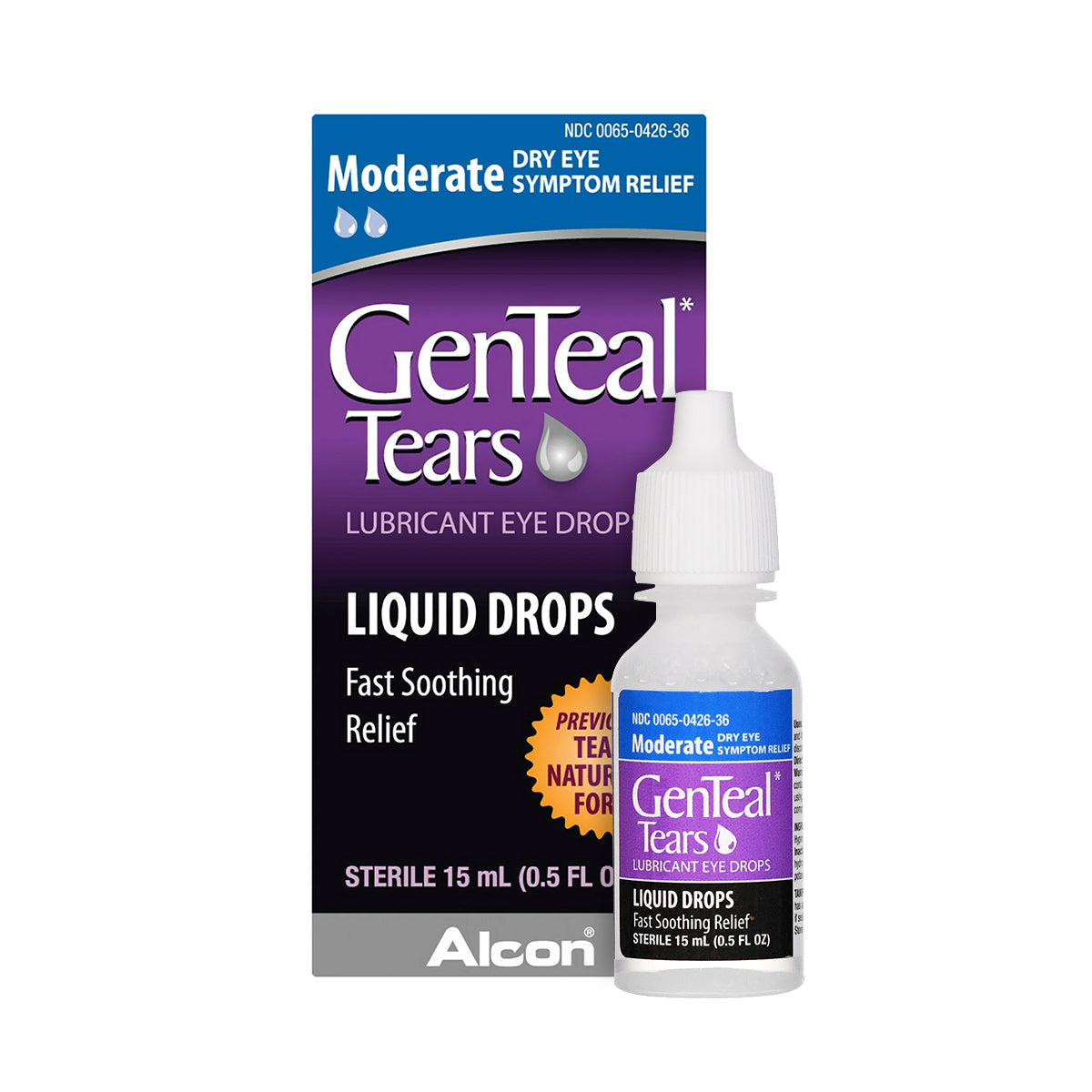 Image of a GenTeal Liquid Drops 15mL box and bottle by Alcon, offering fast soothing relief for moderate dry eye symptoms. The 15 mL (0.5 fl oz) bottle complements the popular GenTeal Gel line for comprehensive care.