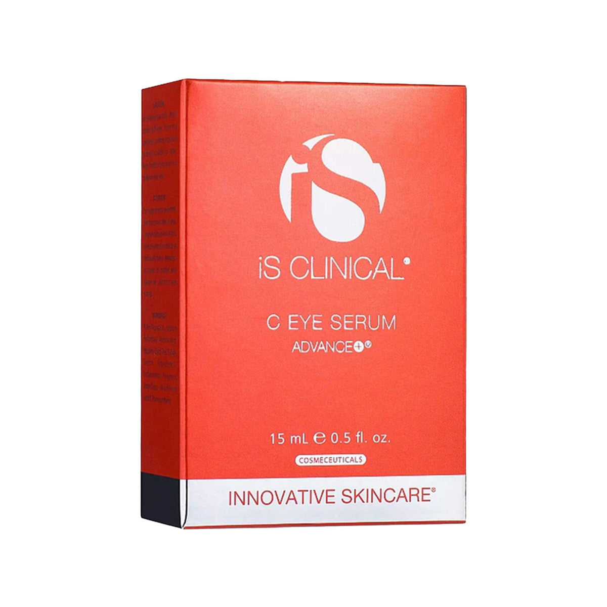 The iS Clinical C Eye Serum Advance+ for Age-Defying and Hydrating skin features red packaging with a white logo and text, showcasing 15mL 0.5 fl. oz. and emphasizing INNOVATIVE SKINCARE to highlight its role as a cosmeceutical anti-aging eye serum with powerful antioxidant protection.