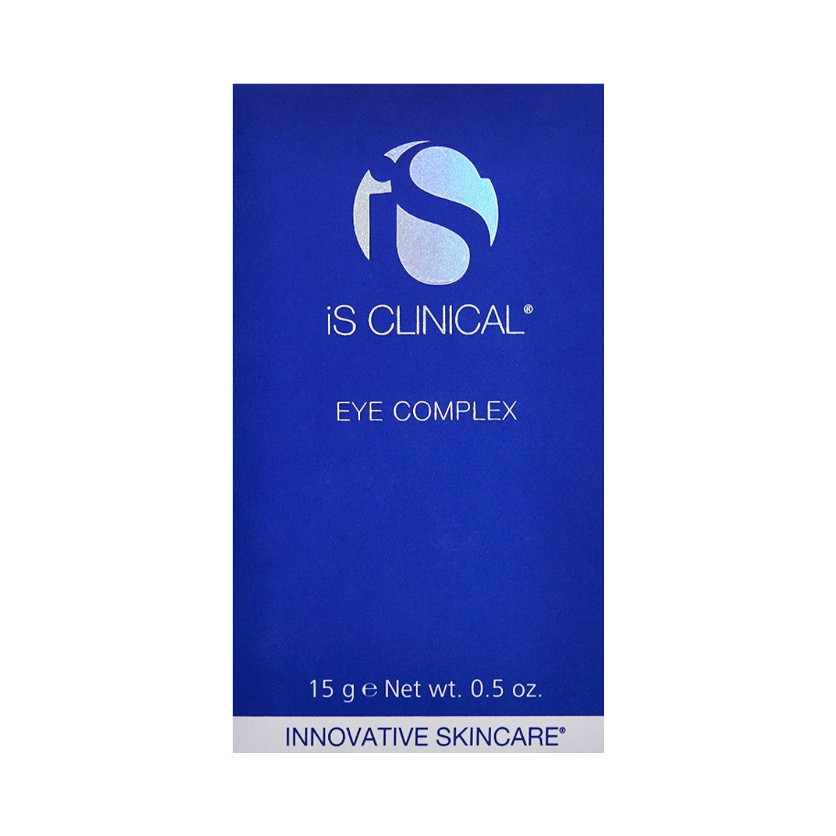 The iS Clinical Eye Complex by iS Clinical, a blue box with a white logo, claims to reduce fine lines and wrinkles. It weighs 15 g (0.5 oz) and provides antioxidant protection.