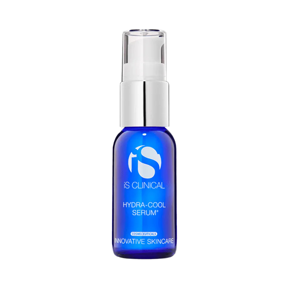 A 15mL blue bottle of iS Clinical Hydra-Cool Serum features a silver pump, white cap, and crisp white branding. Infused with antioxidants and bionutrients, it refreshes and revitalizes skin effortlessly.