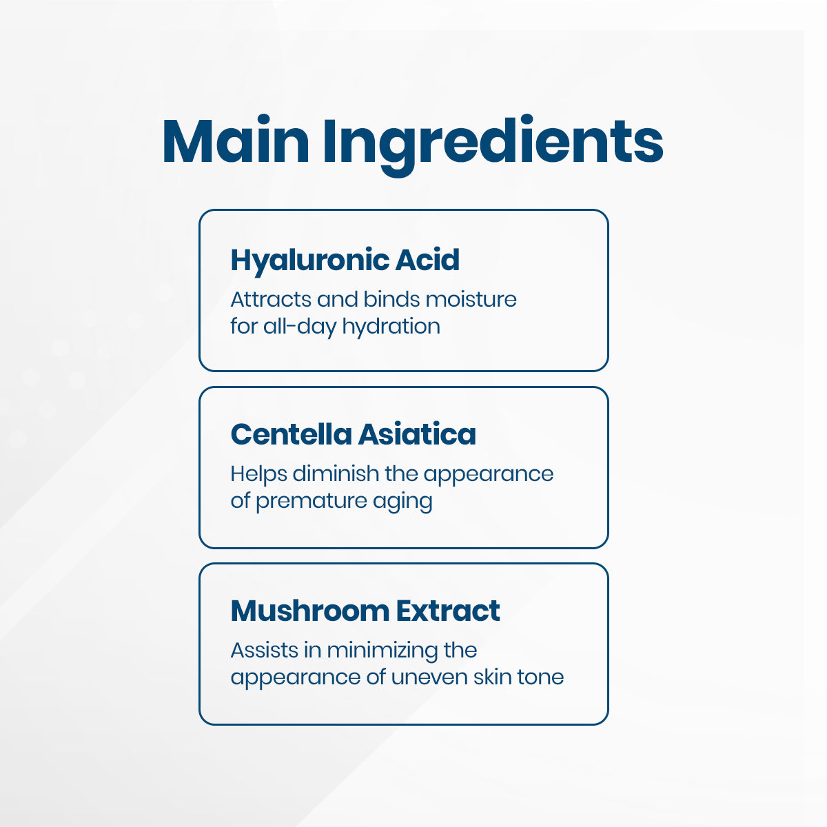 The Main Ingredients graphic features Hyaluronic Acid for hydration, Centella Asiatica to reduce signs of premature aging, and antioxidant-rich Mushroom Extract to even skin tone—perfect for an iS Clinical Hydra-Cool Serum experience.