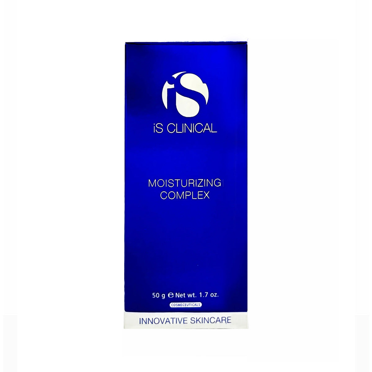 The blue packaging of iS Clinical Moisturizing Complex for Face and Neck features the brands logo and name in white with bold Moisturizing Complex and Innovative Skincare. Infused with antioxidants, it contains 50g or 1.7oz, promoting radiant skin.