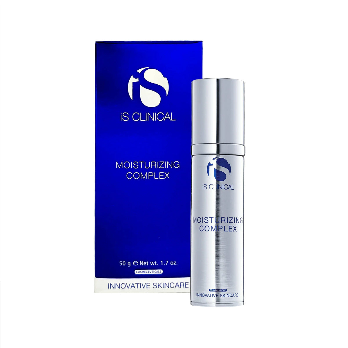 A blue and silver bottle of iS Clinical Moisturizing Complex for Face and Neck (50g/1.7oz) stands beside its box, adorned with a deep blue and silver design featuring the brand logo and product details, offering antioxidant-rich skincare advice in every use.