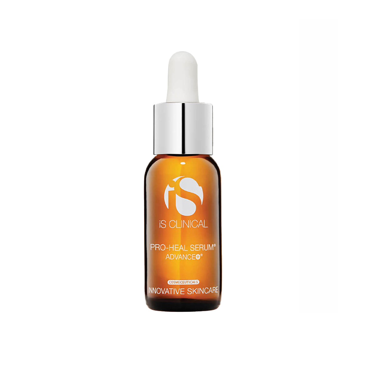 A brown glass dropper bottle labeled iS Clinical Pro-Heal Serum Advance+ (15mL) with a white dropper cap and metallic collar against a white background, designed for blemish-prone skin. It features white branding text and provides antioxidant protection with its Vitamin C-rich serum formula.