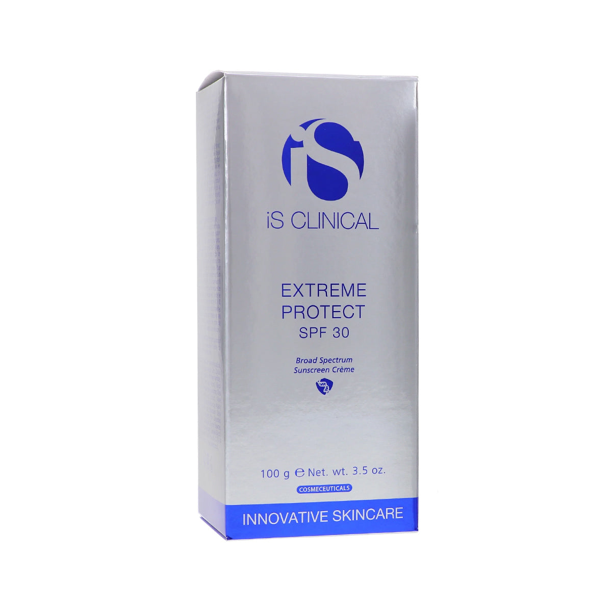 The silver box of iS Clinical Extreme Protect SPF 30 Sunscreen highlights its name, broad-spectrum protection, and weight (100g/3.5oz), with blue and purple logo/text accents enhancing its moisturizing skincare appeal.