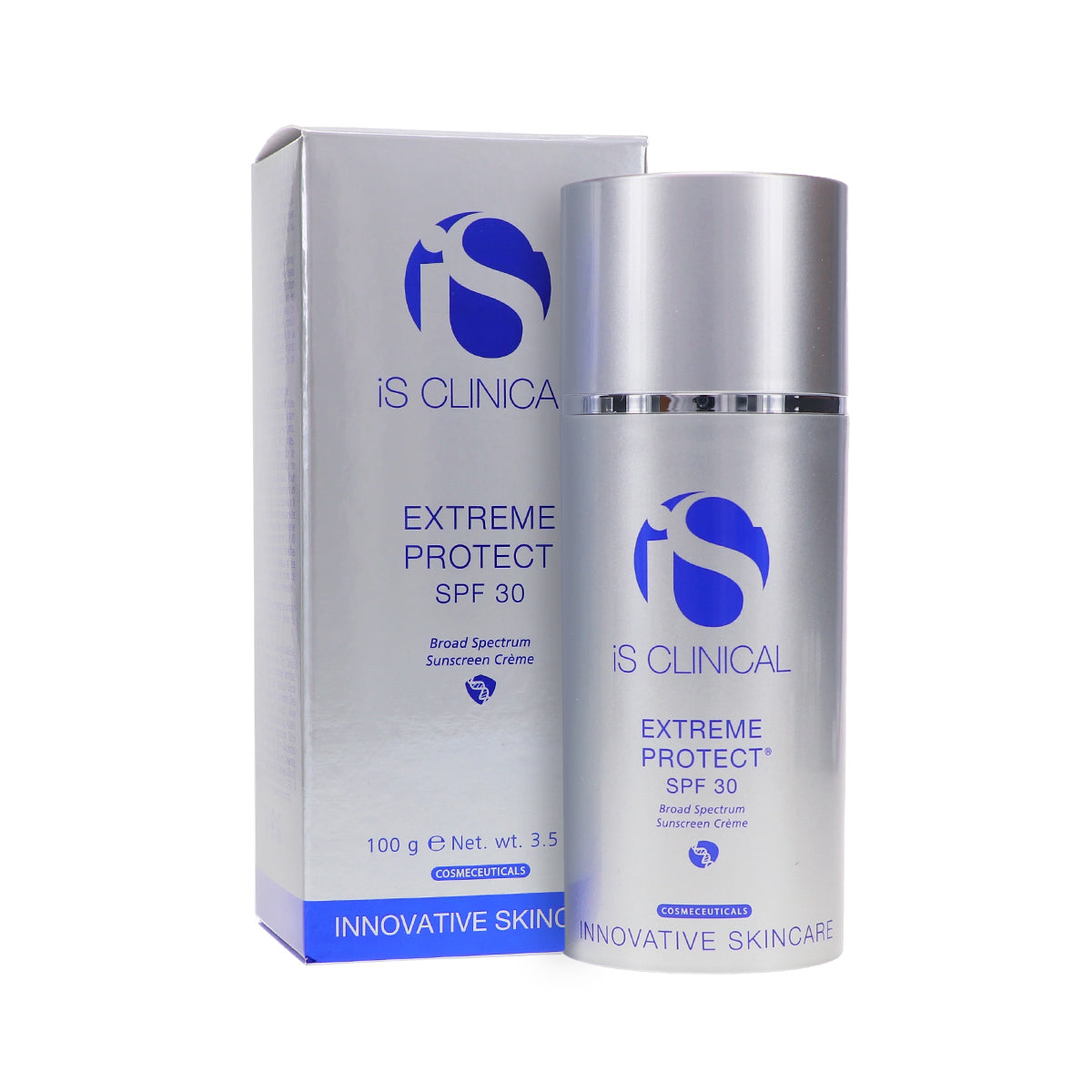 A cylindrical bottle of iS Clinical Extreme Protect SPF 30 sunscreen is displayed with its matching box, delivering broad-spectrum protection. The silver packaging, adorned with blue text and logos, emphasizes this 100g (3.5oz) moisturizing sunscreen as a top choice in restorative skincare.