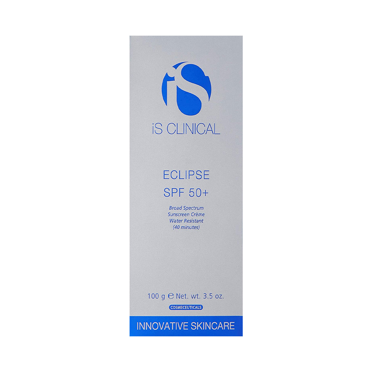 The image shows a blue and white box of iS Clinical Eclipse SPF 50+, indicating broad-spectrum protection, Water Resistant (40 minutes) and the size 100 g / 3.5 oz, with Innovative Skincare at the bottom.