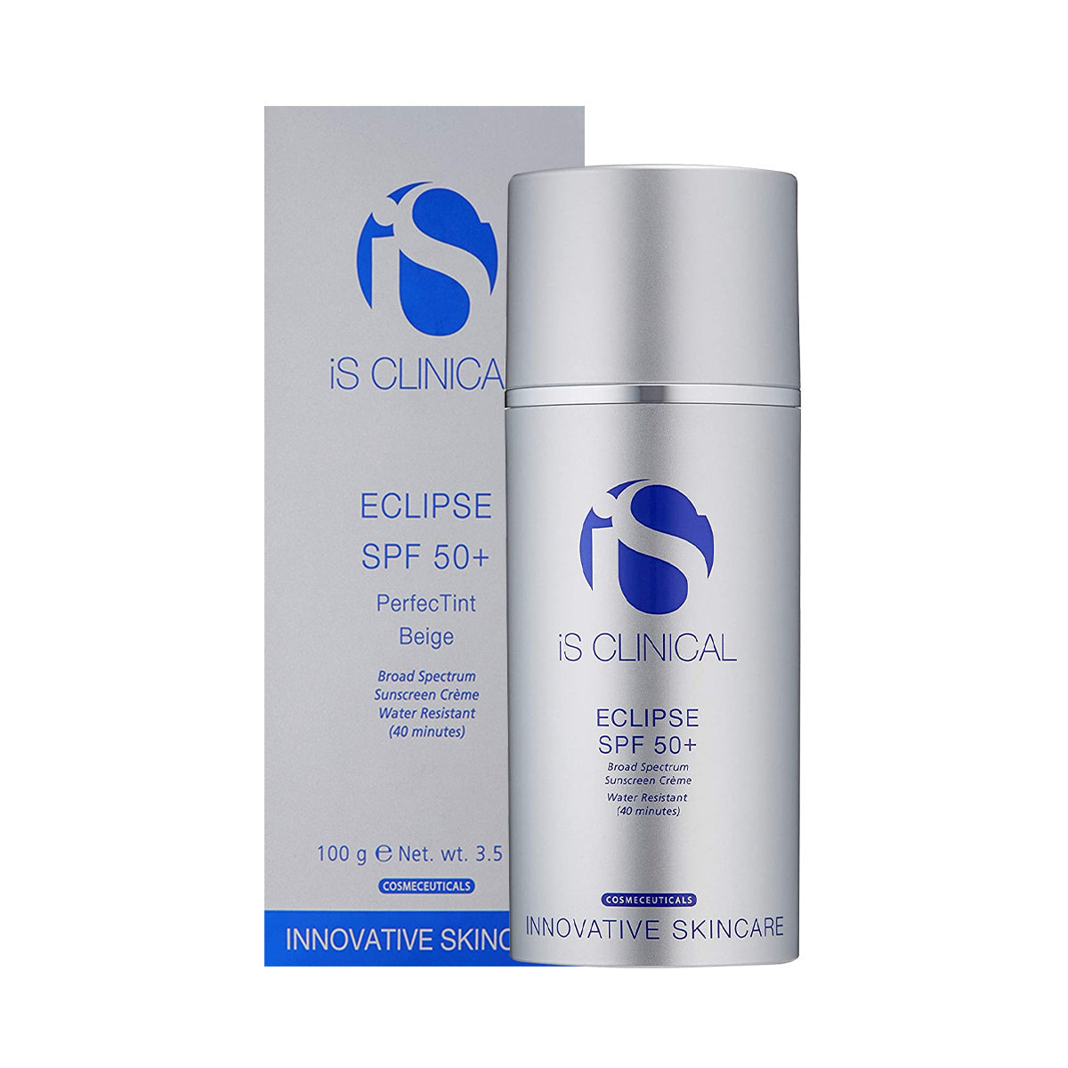 A silver bottle of iS Clinical Eclipse SPF 50+ Perfect Tint Beige sunscreen, with blue branding, sits beside its matching box. It offers broad-spectrum UVA/UVB protection and features a water-resistant formula, as highlighted on the packaging.