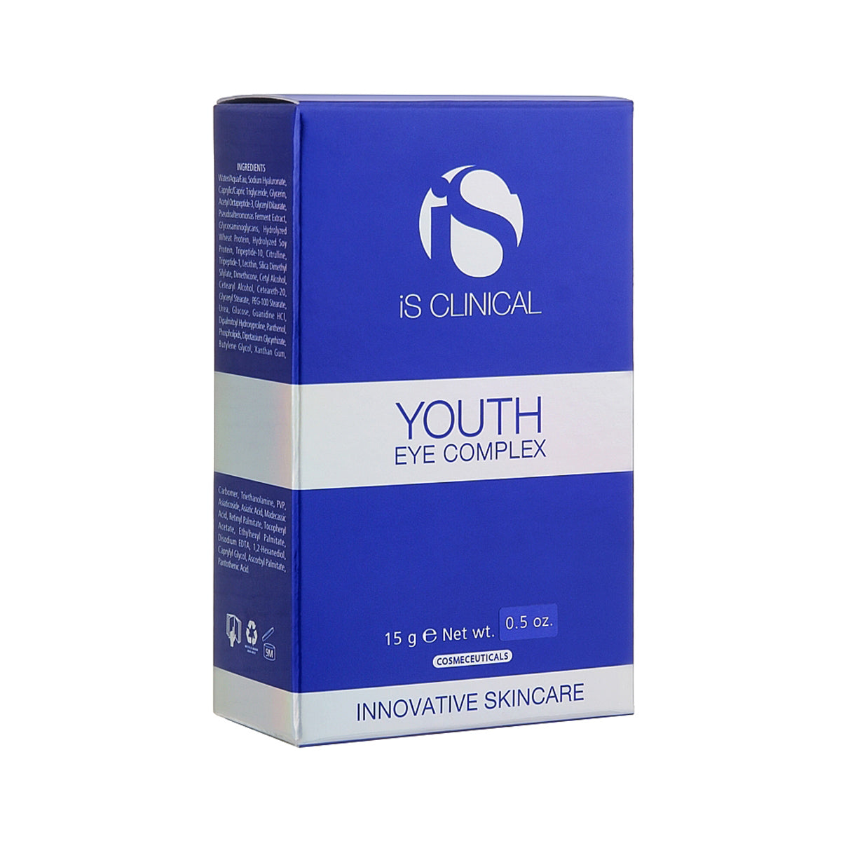 Blue and white iS Clinical Youth Eye Complex box, 15g (0.5 oz), showcases anti-aging formula details and branding, labeled Cosmeceutical, designed to effectively reduce wrinkles.