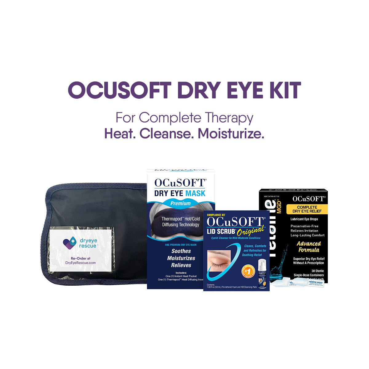 Image of OCuSOFT Eye Kit with Lid Scrub, dry eye mask, and lubricant eye drops. The kit is organized by a carrying pouch with For Complete Therapy: Heat. Cleanse. Moisturize. shown above.