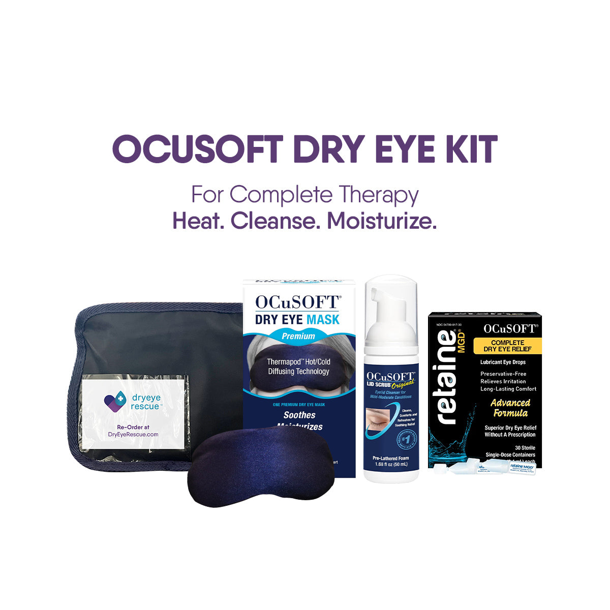 Image of an OCuSOFT Eye Kit showcasing purple and white packaging, including Retaine MGD, a dry eye mask, eyelid scrub foam, and lubricant eye drops for complete heat, cleanse, moisturize therapy.