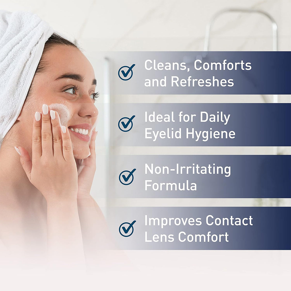 With a towel on their head, a person applies cream to their face. Benefits listed: Cleans, Comforts and Refreshes, Ideal for Daily Eyelid Hygiene, Non-Irritating Formula, Improves Contact Lens Comfort. Discover the gentle touch of OCuSOFT Lid Scrub Original Compliance Kit Foam and Wipes.