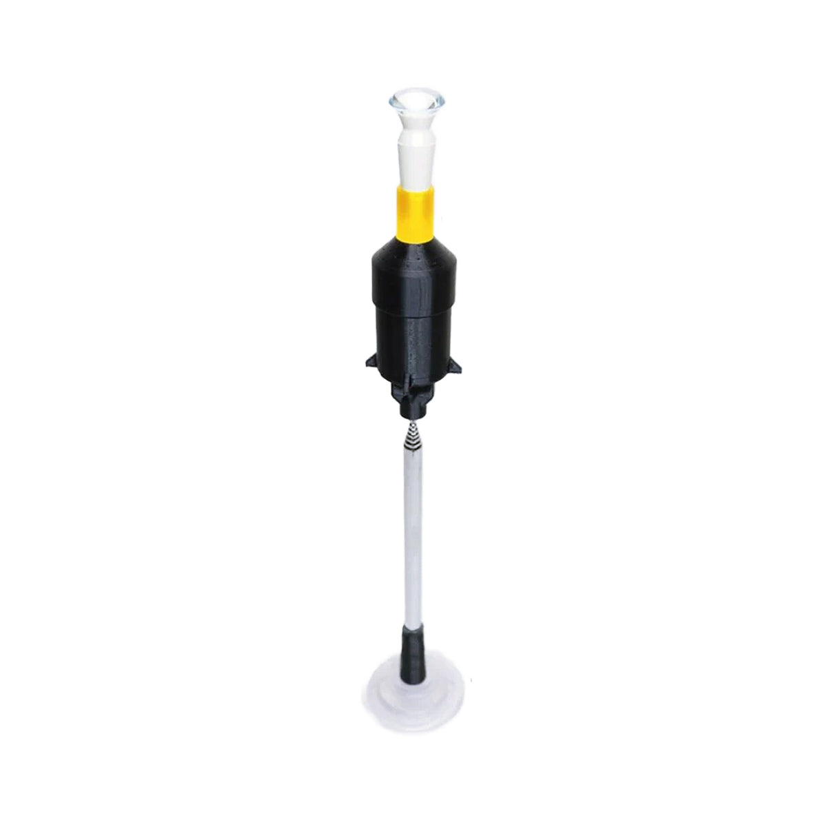 A black S5 Inserter by Augmented Vision Labs, designed for scleral lens insertion, features a transparent bulb atop with a yellow band, a long thin handle, and a suction cup at the bottom. It stands upright on a white background, ideal for precise tasks and includes free video training.