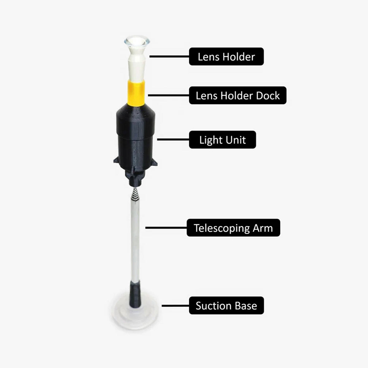 The S5 Inserter by Augmented Vision Labs features labeled parts: lens holder at the top, followed by a dock, light unit, telescoping arm, and suction base. Ideal for scleral lens insertion against a white background. Adjustable height with free video training included.