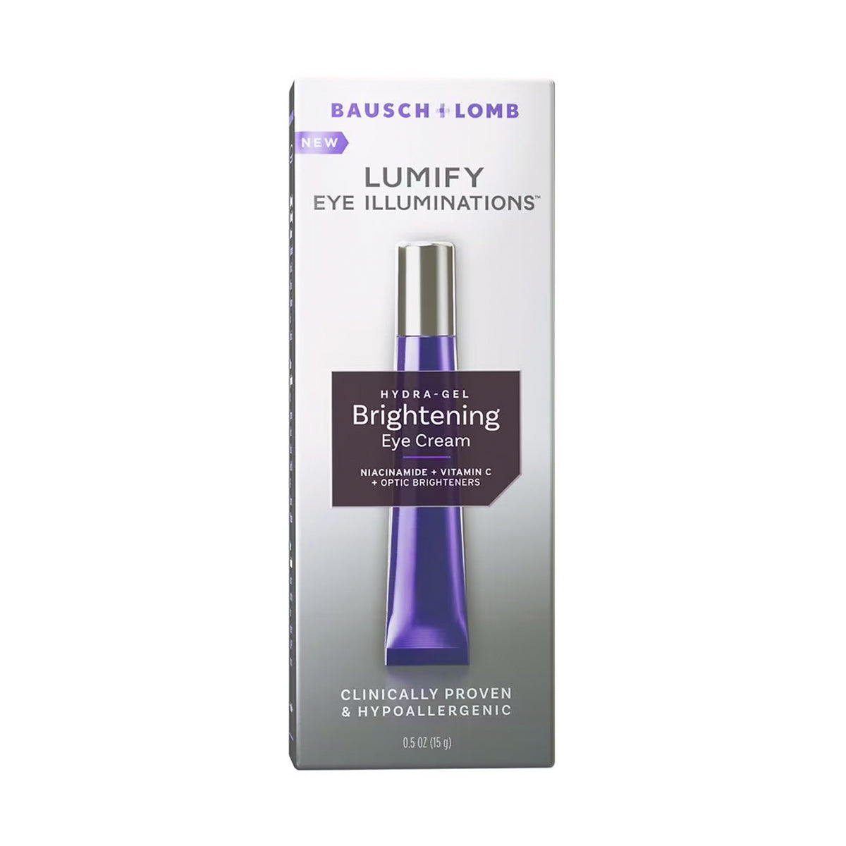 The rectangular packaging of the Bausch & Lomb LUMIFY Eye Illuminations Hydra-Gel Brightening Eye Cream (15 g tube) highlights niacinamide, vitamin C, and optic brighteners for under-eye skin. Clinically proven and hypoallergenic for smoother-looking skin with a subtle glow.