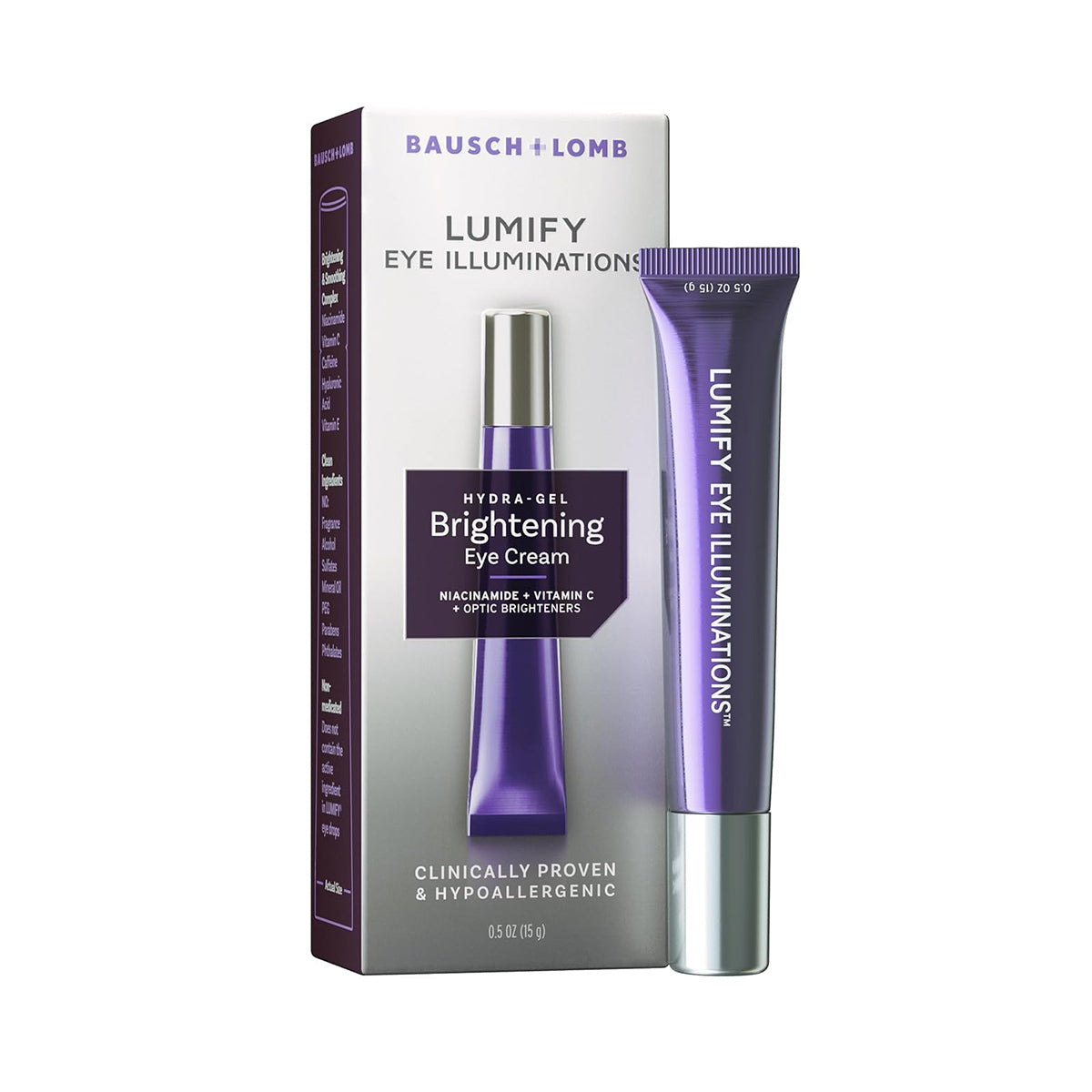 The Bausch + Lomb LUMIFY Eye Illuminations Hydra-Gel Brightening Eye Cream, in its signature purple packaging, contains niacinamide and vitamin C. Its designed to enhance the under-eye area, providing smoother-looking skin with a subtle glow, and is hypoallergenic for gentle care.