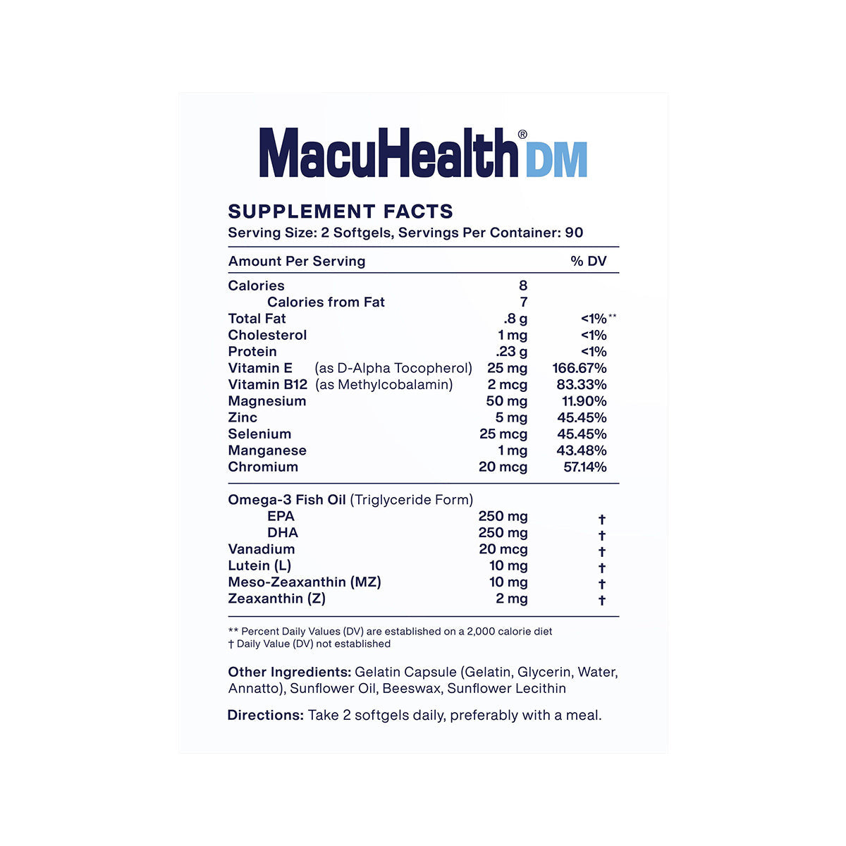 MacuHealth DM Daily Metabolic Supplement (180ct) by MacuHealth supports eye health, listing nutrients per serving: calories, fat, cholesterol, vitamins, minerals, and Omega-3 fish oil. Ingredients are gelatin, glycerin, water, and colors. Serving size: 2 softgels.