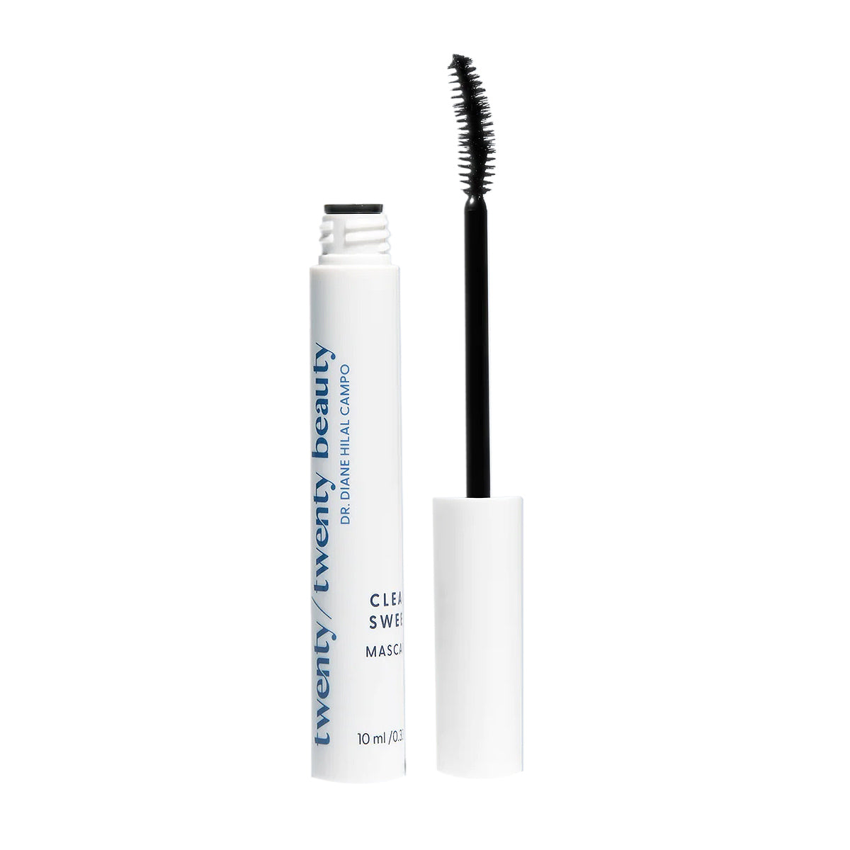 The Twenty/Twenty Clean Sweep Mascara in Pitch Black (10ml) features a natural-looking formula. The white tube stands upright with a black applicator beside it, showcasing blue text. Its ophthalmologist approved and safe for contact lens users.