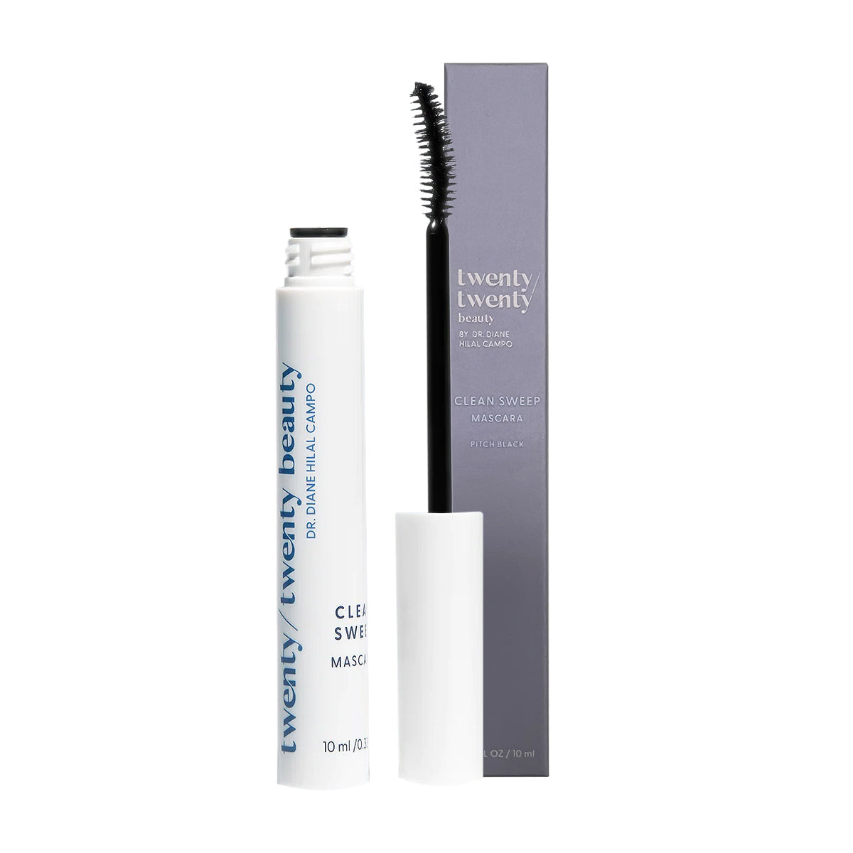 The Twenty Twenty Clean Sweep Mascara comes in a white container with a curved brush wand, featuring the text Clean Sweep Mascara. Its packaged with a matching grey box labeled twenty/twenty beauty. The ophthalmologist-approved formula is safe for contact lens users.