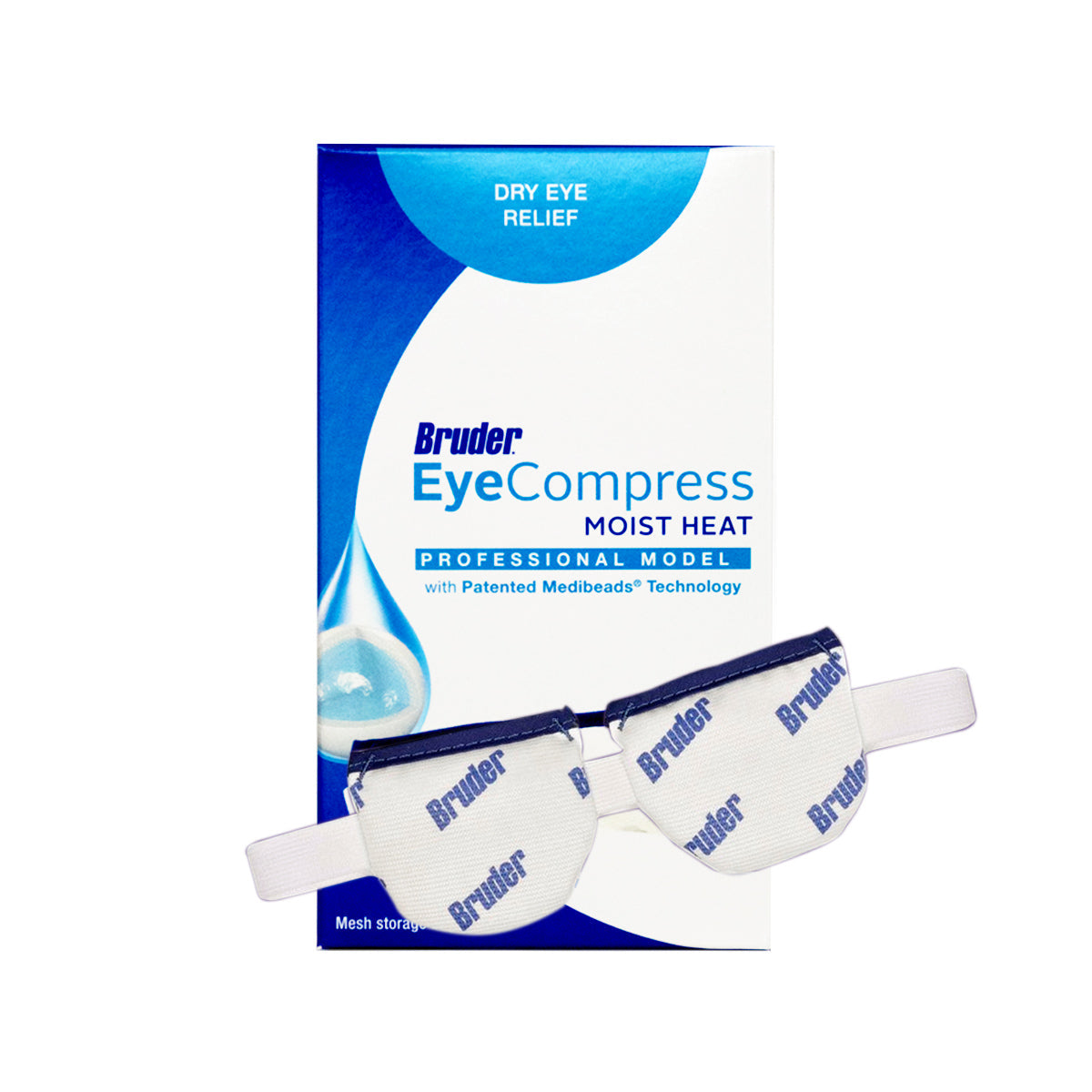 The Bruder Eye Compress Moist Heat Professional Model for Dry Eyes provides relief using patented MediBeads technology. Designed for professional use, it has a white mask with blue text and adjustable straps for comfort.