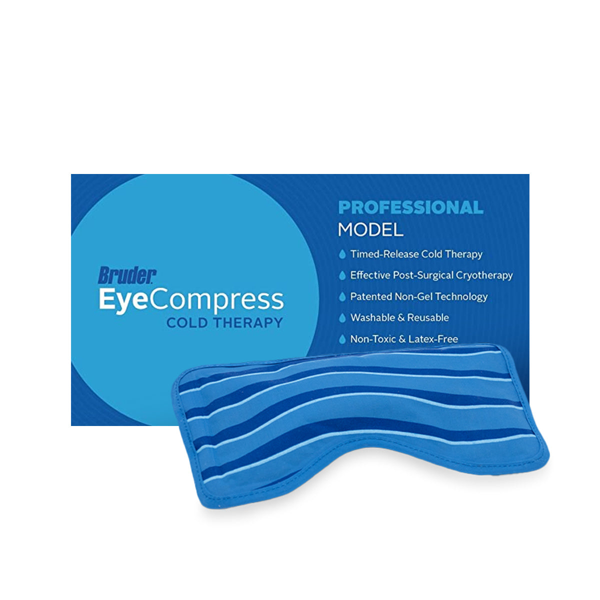 The Bruder Eye Compress Cold Therapy pack, featuring stripes, is displayed in front of its box. The packaging highlights benefits like timed-release cold therapy for inflammation reduction, post-surgical cryotherapy effectiveness, and being washable, reusable, non-toxic, and latex-free.