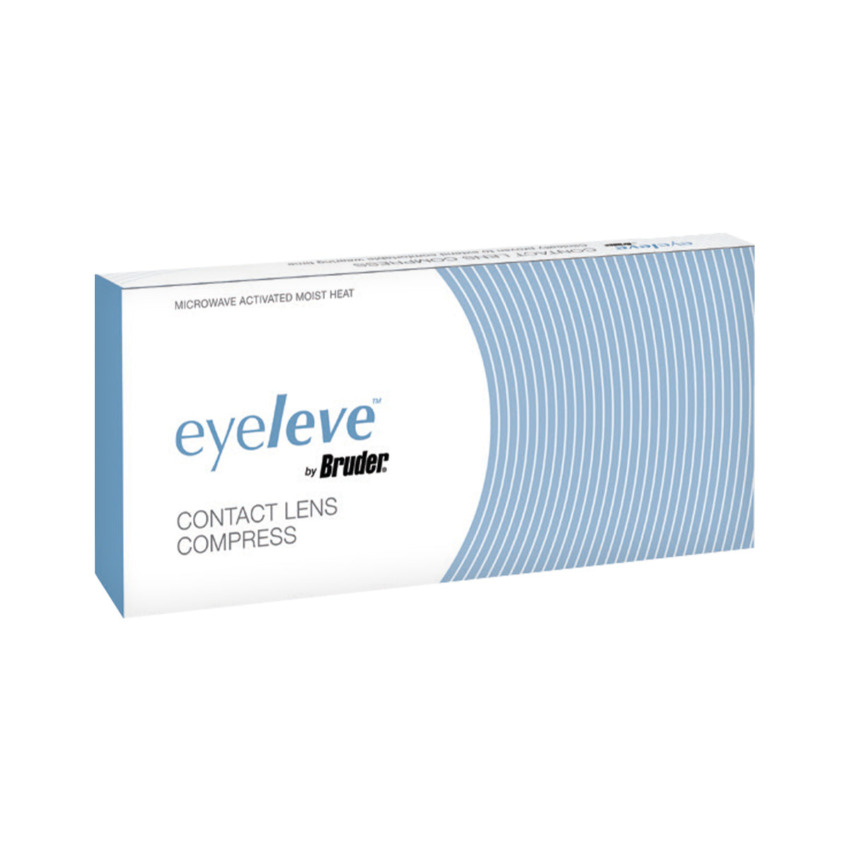 The Bruder Eyeleve Eye Compress for Contact Lens Wearers features a sleek design with a white background and blue wave patterns, offering microwave activated moist heat for soothing relief.