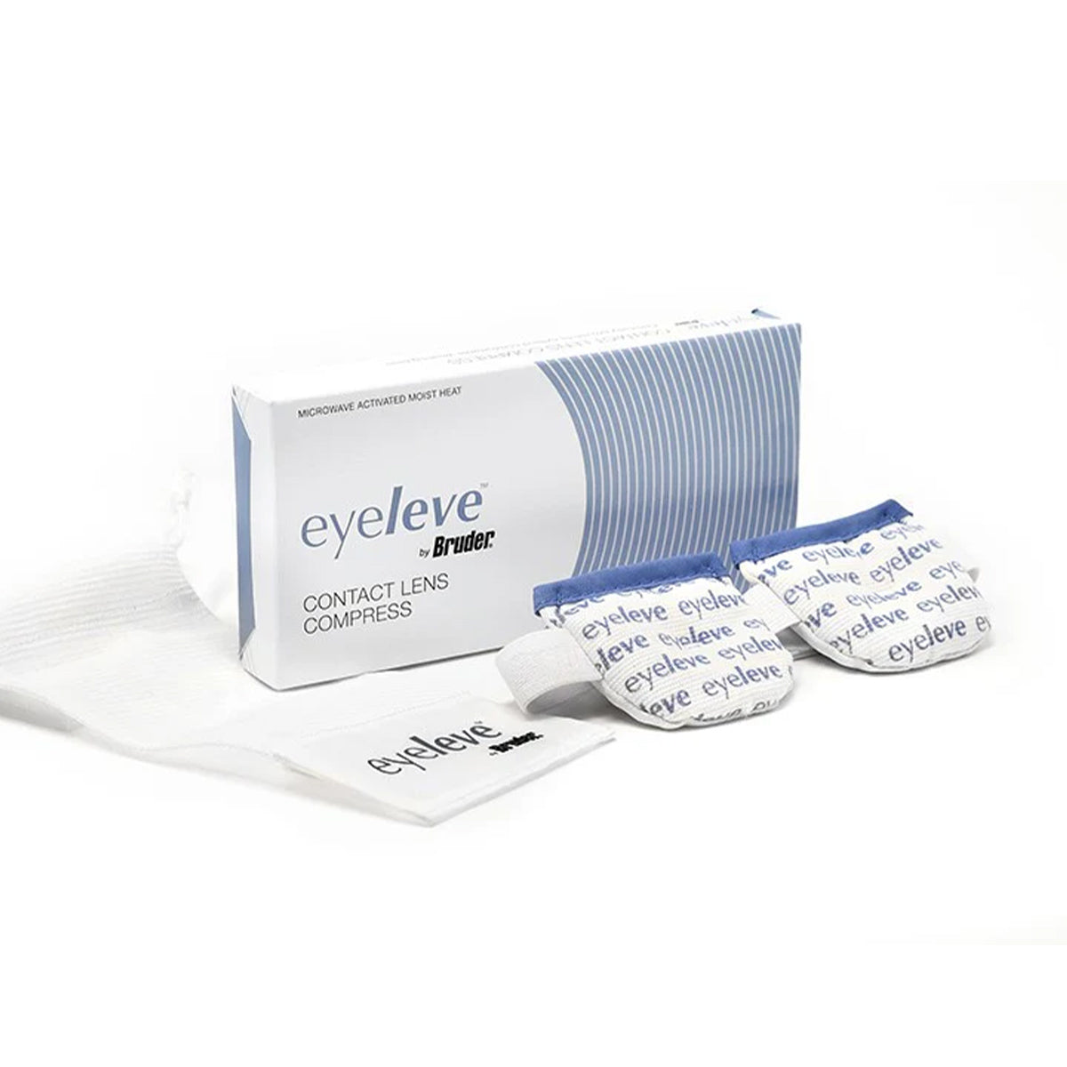 Displayed is a box of Bruder Eyeleve Eye Compress for contact lens wearers, featuring two fabric-like compresses with blue trim and Eyeleve branding. The predominantly white box showcases blue design elements highlighting the Bruder brand.