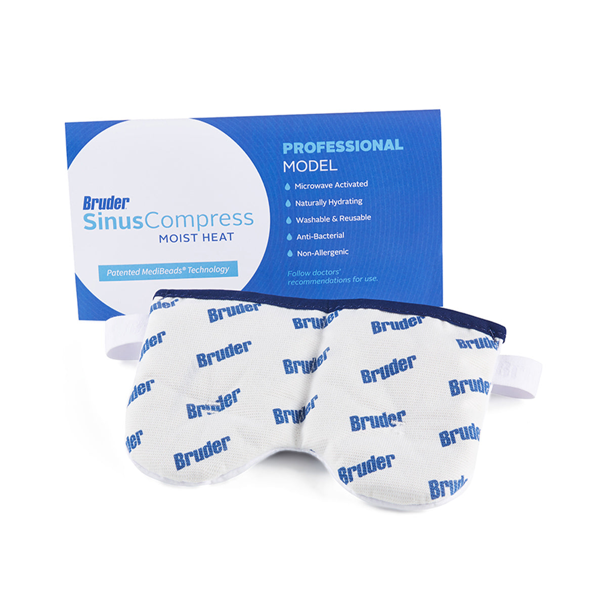 The Bruder Moist Heat Sinus Compress, a white mask with Bruder in blue, features prominently upfront. Its blue packaging card highlights benefits such as microwave activation, reusability, non-allergenic materials, and moist heat therapy for effective sinus relief.