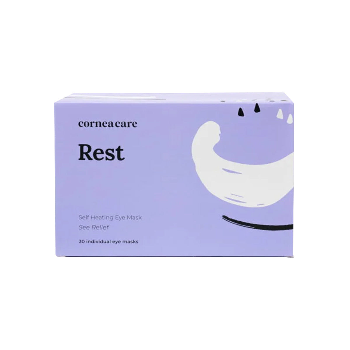 The lavender CorneaCare box, featuring abstract black and white shapes and minimalist design, promises instant relief with Self Heating Eye Mask for hydration. It offers 30 individual CorneaCare Self Heating Warm Compresses under the tagline See Relief.