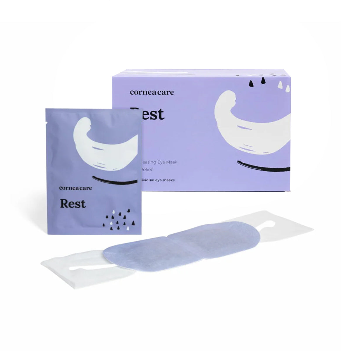 A lavender Rest box with eye mask packet sits beside two blue CorneaCare Self Heating Warm Compresses (30ct) packs. The packaging features abstract designs with white crescent shapes and dark motifs for instant relief and eye hydration.