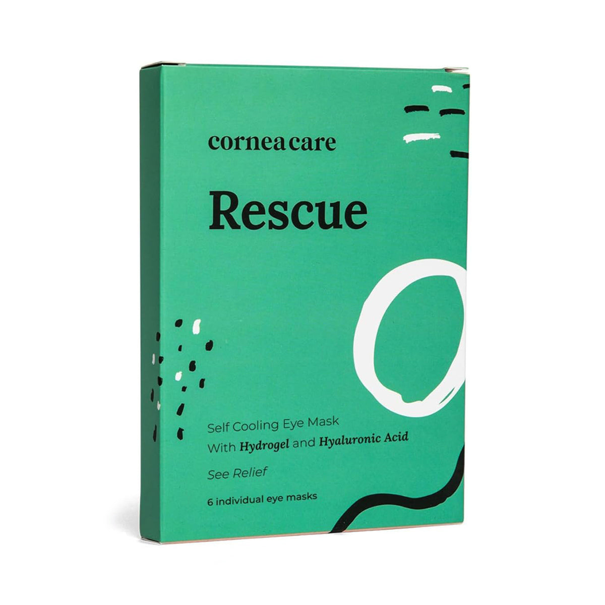 The CorneaCare Rescue Cooling Eye Masks for Allergy Relief (6-pack) comes in a green box with abstract black and white patterns, featuring doctor-backed hydrogel and hyaluronic acid for instant dry eye relief.