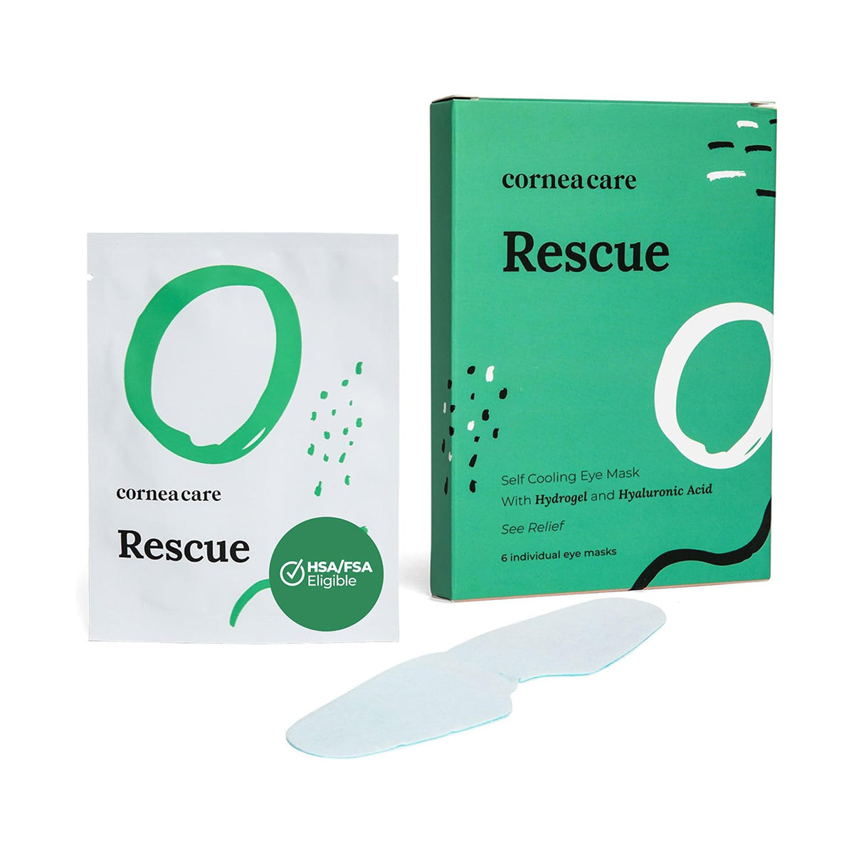 CorneaCare Rescue Cooling Eye Masks for Allergy Relief feature a green and white box with matching sachets containing self-cooling hydrogel masks infused with hyaluronic acid. These doctor-backed masks offer instant dry eye relief and qualify for HSA/FSA eligibility.