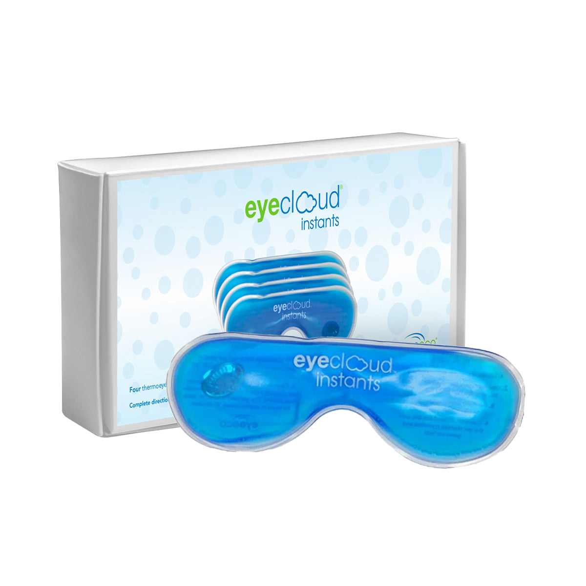 In front of a white box with a light blue bubble pattern rests the Eyecloud Instants 4-Pack Replacement Inserts by PRN, featuring innovative thermoeyes self-activating heat gel packs for soothing relaxation.