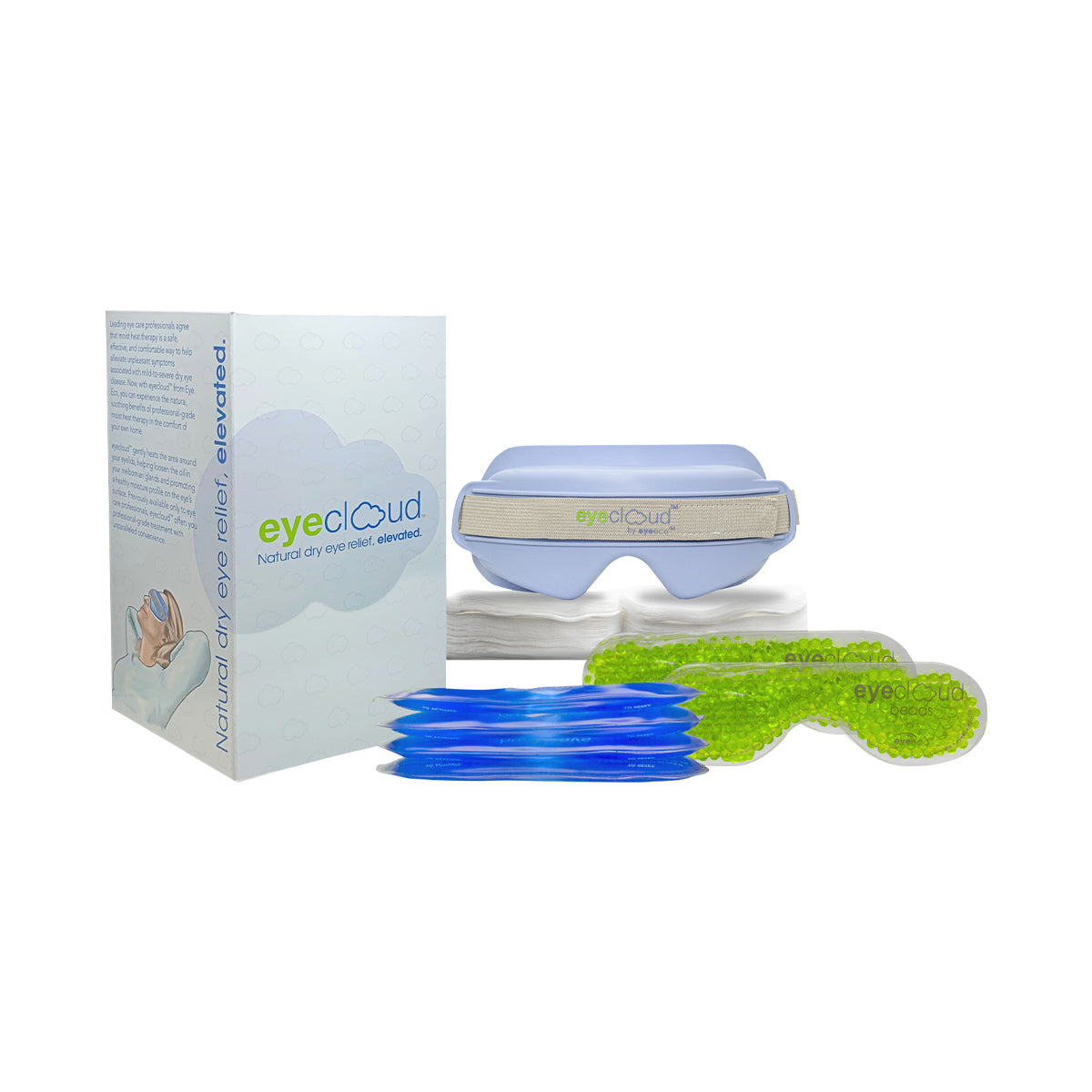 Explore PRNs EyeCloud Home Treatment Kit, featuring a white eye mask with adjustable strap, two blue gel inserts, and two green gel packs. Enjoy soothing Dry Eye relief through natural moist heat treatment for unparalleled comfort with over 600 uses of the gel packs.