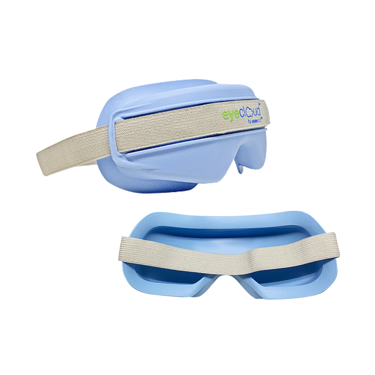 The EyeCloud Home Treatment Kit by PRN features a blue mask with an adjustable beige strap, eyeCloud® by Breeze printed on the side. Its soft, contoured design delivers moist heat therapy for effective dry eye relief and over 600 gel pack uses.