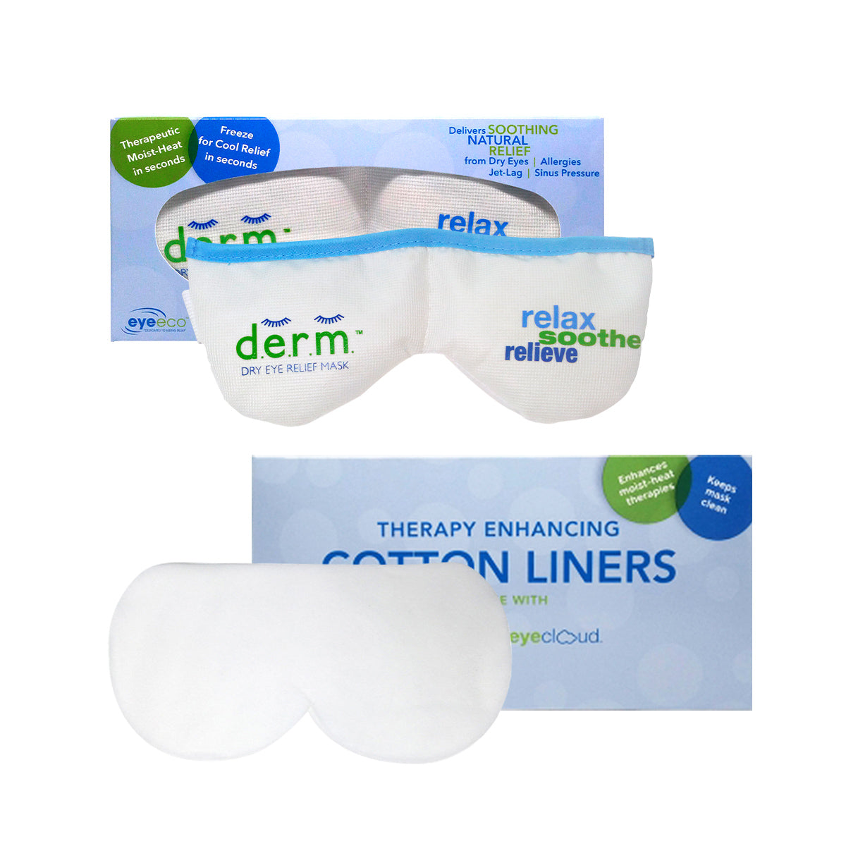 The EyeEco D.E.R.M.™ Dry Eye Relief Mask & Replacement Liners Bundle by PRN features a white and blue mask with moist-heat therapy and soothing, cooling, reusable benefits, plus therapy-enhancing cotton liners.