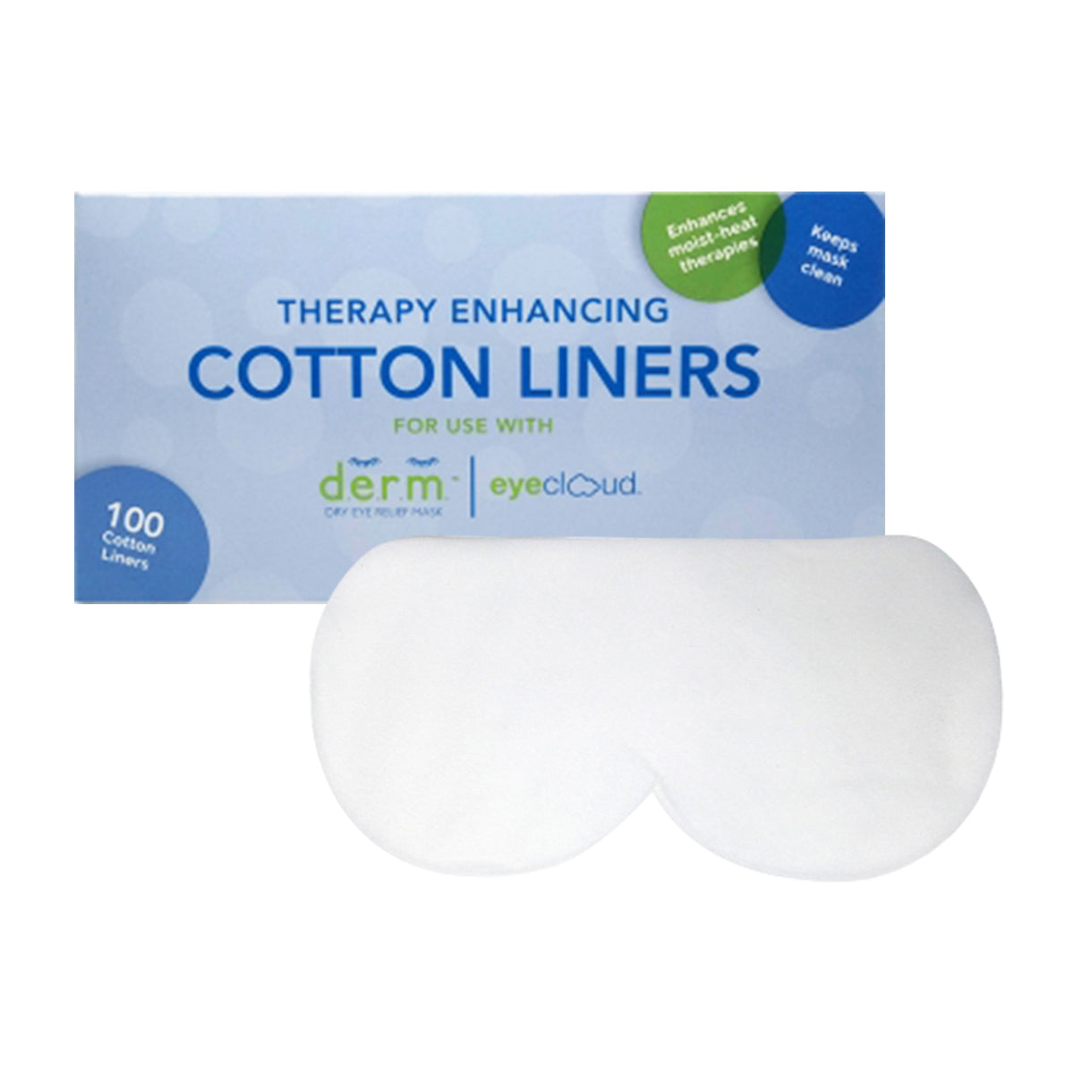 A blue box of PRN Replacement Cotton Liners for D.E.R.M. & EyeCloud (100 Count) is shown with the text Enhances moist-heat therapies and Keeps mask clean. A white cotton liner is displayed in front.